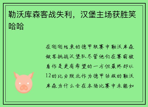 勒沃库森客战失利，汉堡主场获胜笑哈哈